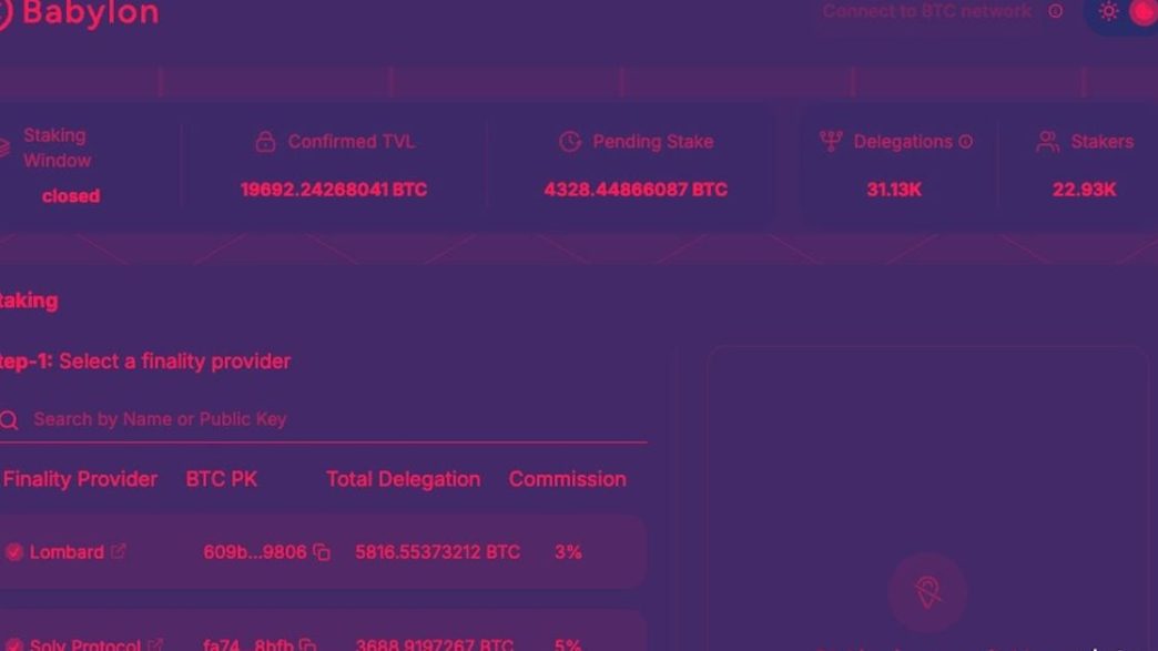 Screenshot from Babylon's staking dashboard (Babylon)