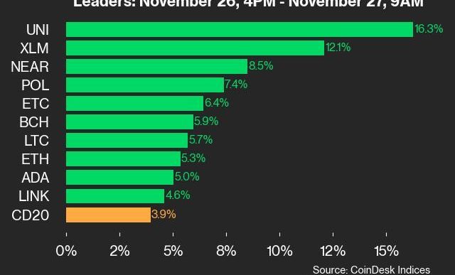 9am CoinDesk 20 Update for 2024-11-27: leaders chart