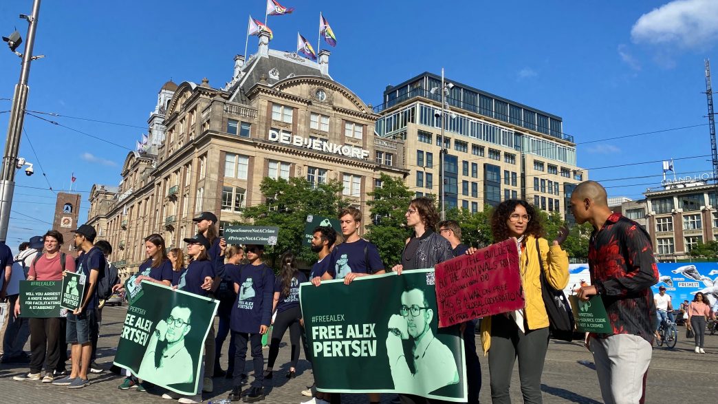 A 2022 protest demonstrates the long fight over Tornado Cash, including the arrest of developer Alexey Pertsev. (Jack Schickler/CoinDesk)