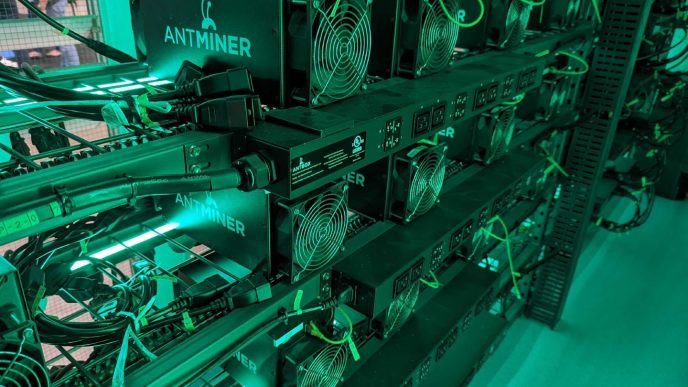 Antminer bitcoin mining rigs displayed at Consensus 2021 (Christie Harkin/CoinDesk)