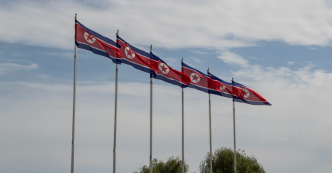 North Korean flags waving in the wind.