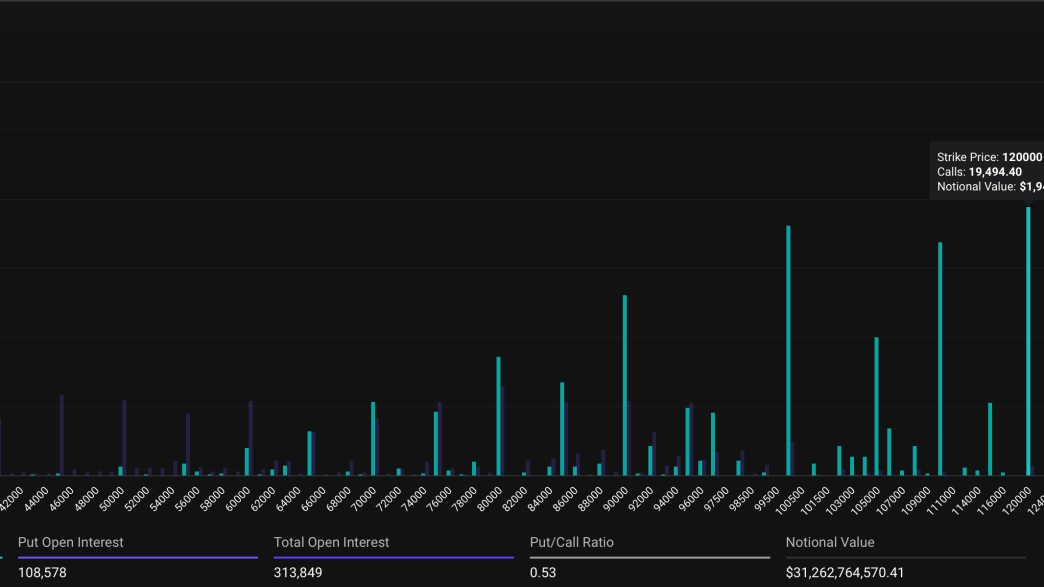 Distribution of open interest in BTC options on Deribit. (Deribit Metrics)