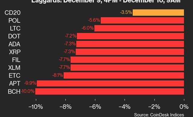 9am CoinDesk 20 Update for 2024-12-10: laggards chart